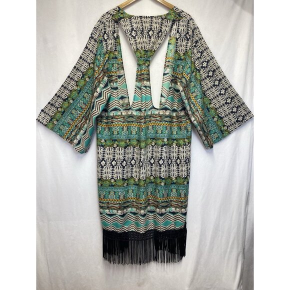 Dizzy Lizzy Bohemian Aztec Fringe Hem Open Front Cardigan Women Small Multicolor - Picture 6 of 15
